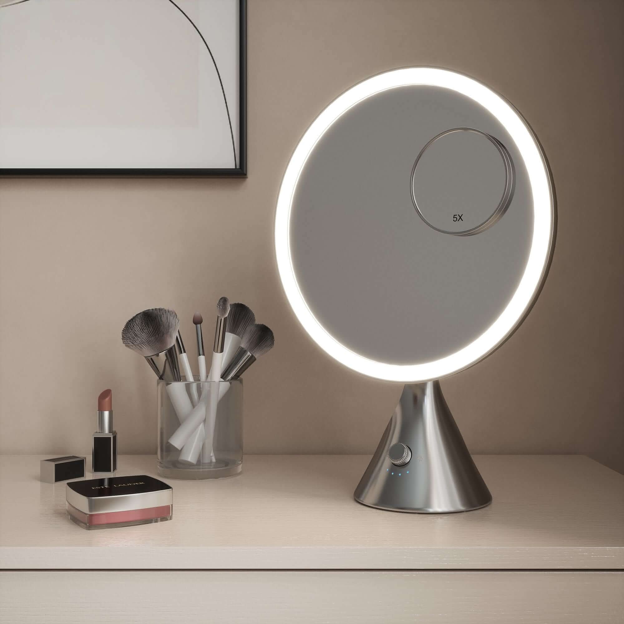 LumiGlam Pro Chrome Vanity Mirror with LED Tri-Light Technology for precise makeup application on a makeup table.